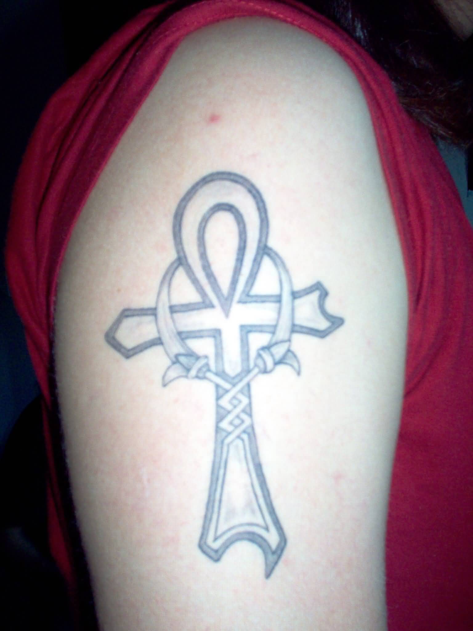 Grey Ink Ankh Tattoo On Right Bicep