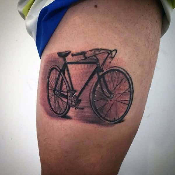 Grey Ink Bicycle Tattoo On Thigh