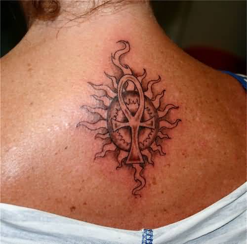 Grey Ink Sun And Ankh Tattoo On Upper Back