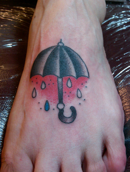 Grey Umbrella Tattoo On Left Foot