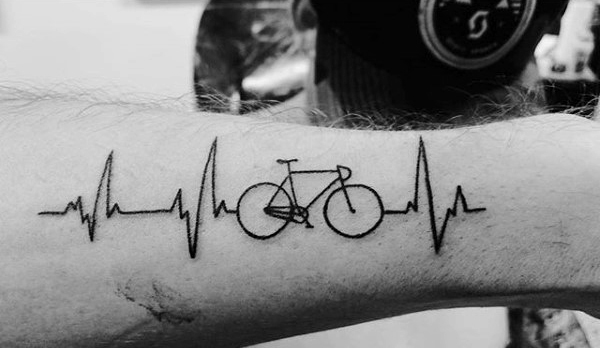 Heartbeat And Bicycle Tattoo On Arm