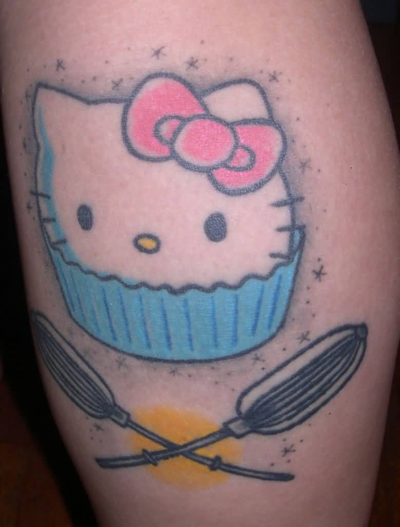 Hello Kitty Cupcake Tattoo On Leg