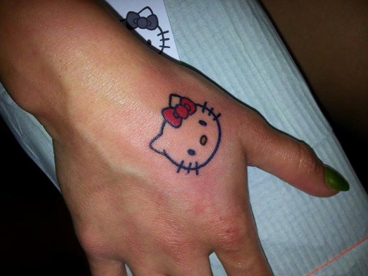 Hello Kitty Head Tattoo On Right Hand