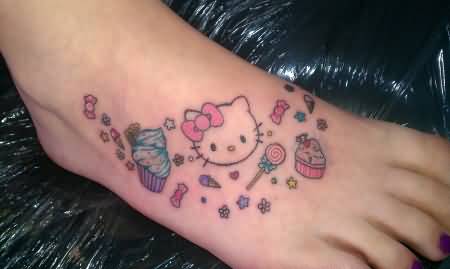 Hello Kitty Tattoo On Girl Right Foot