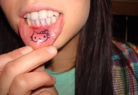 Hello Kitty Tattoo On Lower Lip