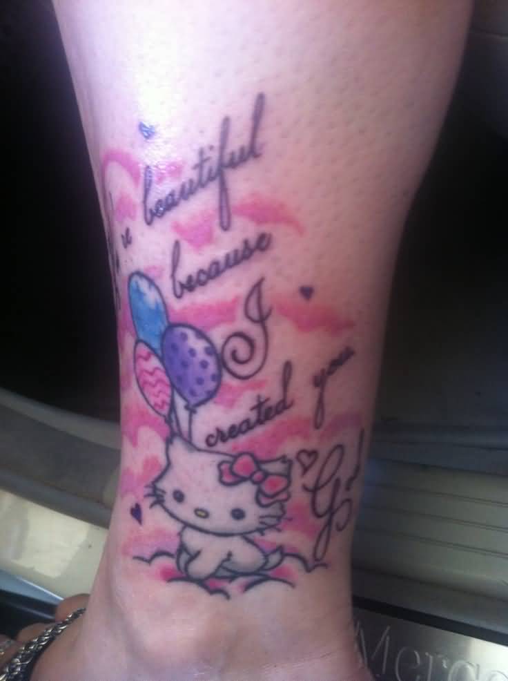Hello Kitty With Colored Balloons Tattoo On Leg