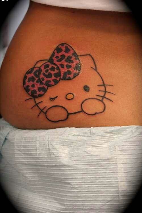 Hello Kitty With Leopard Print Bow Tattoo On Waist