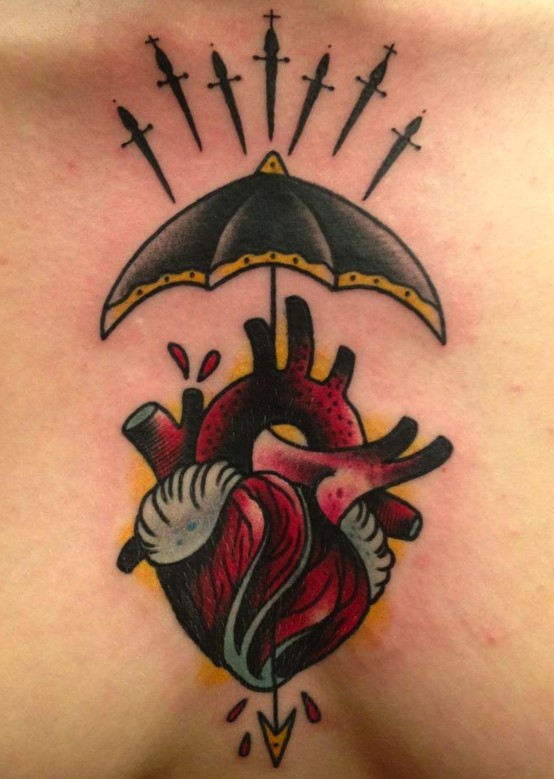 Human Heart Umbrella Tattoo On Man Chest