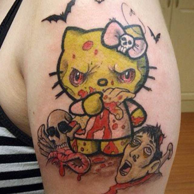 Killer Zombie Hello Kitty Tattoo On Left Shoulder