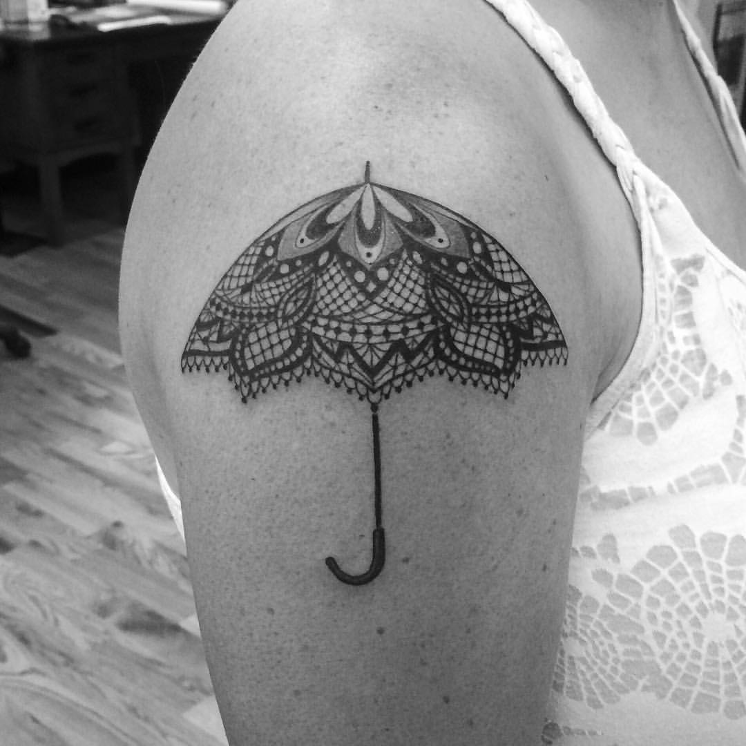 Lace Umbrella Tattoo On Right Shoulder