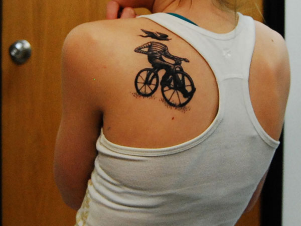 Left Back Shoulder Bicycle Tattoo For Girls