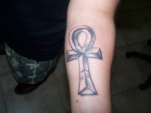 Left Forearm Grey Ink Ankh Tattoo