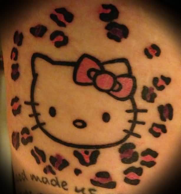 Leopard Print And Hello Kitty Head Tattoo