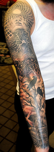 Man Showing His Alex Grey Tattoo On Full Sleeve