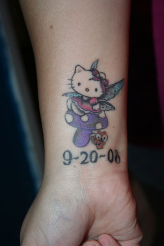 Memorial Hello Kitty Tattoo On Right Wrist