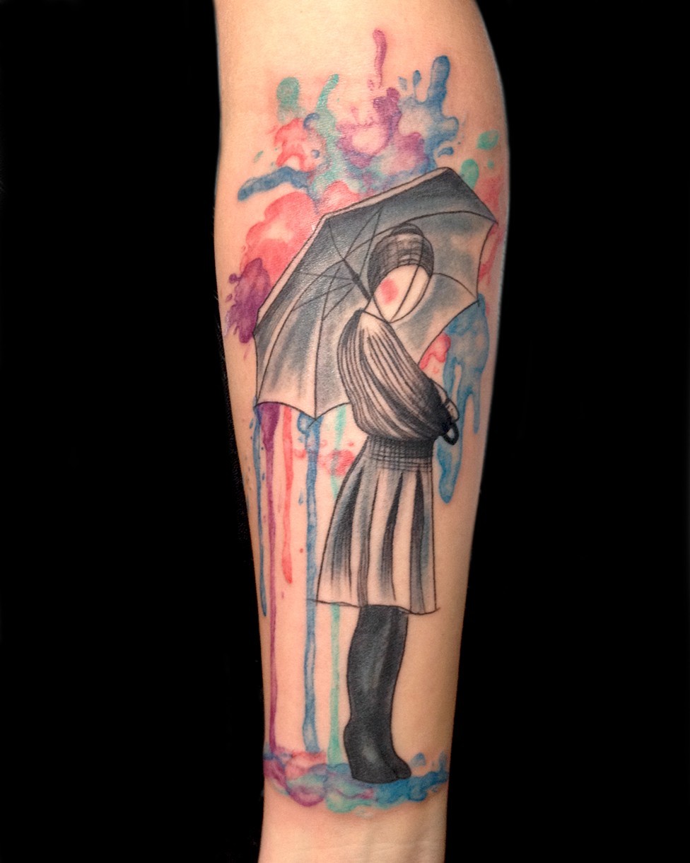 Nice Watercolor Umbrella Girl Tattoo On Full Sleeve