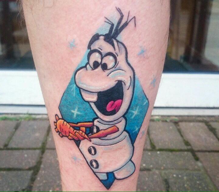 Olaf With Carrot In Hand Tattoo On Leg