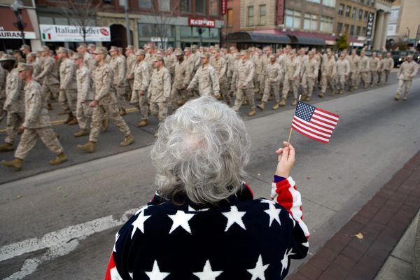 Old Lady Watching Veterans Day Parade With American Flag In Hand Picture