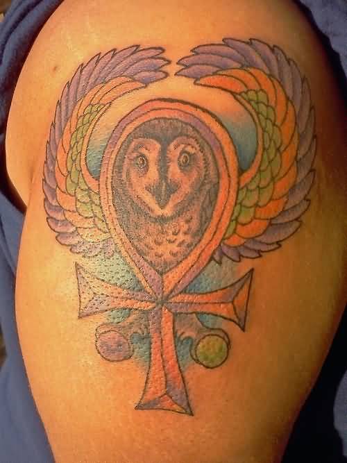Open Wings Owl And Ankh Tattoo On Left Shoulder