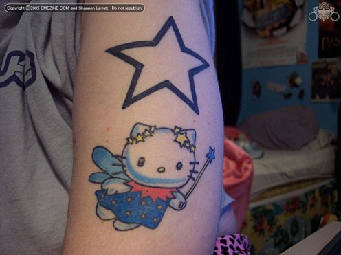 Outline Star And Hello Kitty Tattoo On Left Half Sleeve