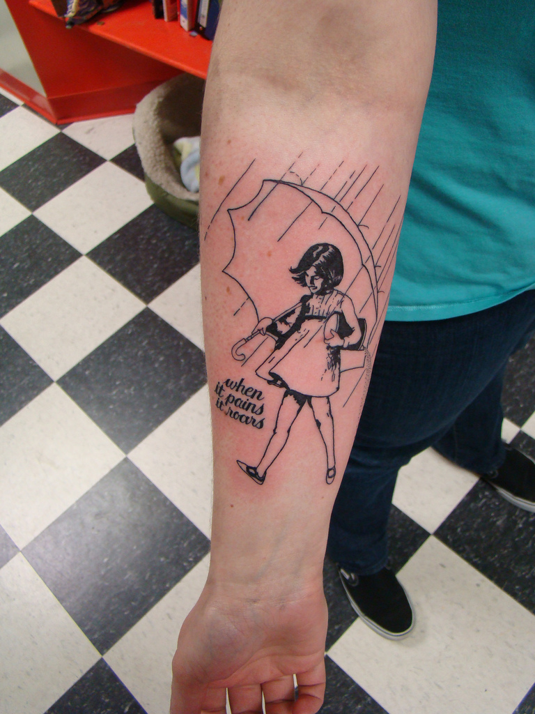 Outline Umbrella Girl Tattoo On Right Forearm