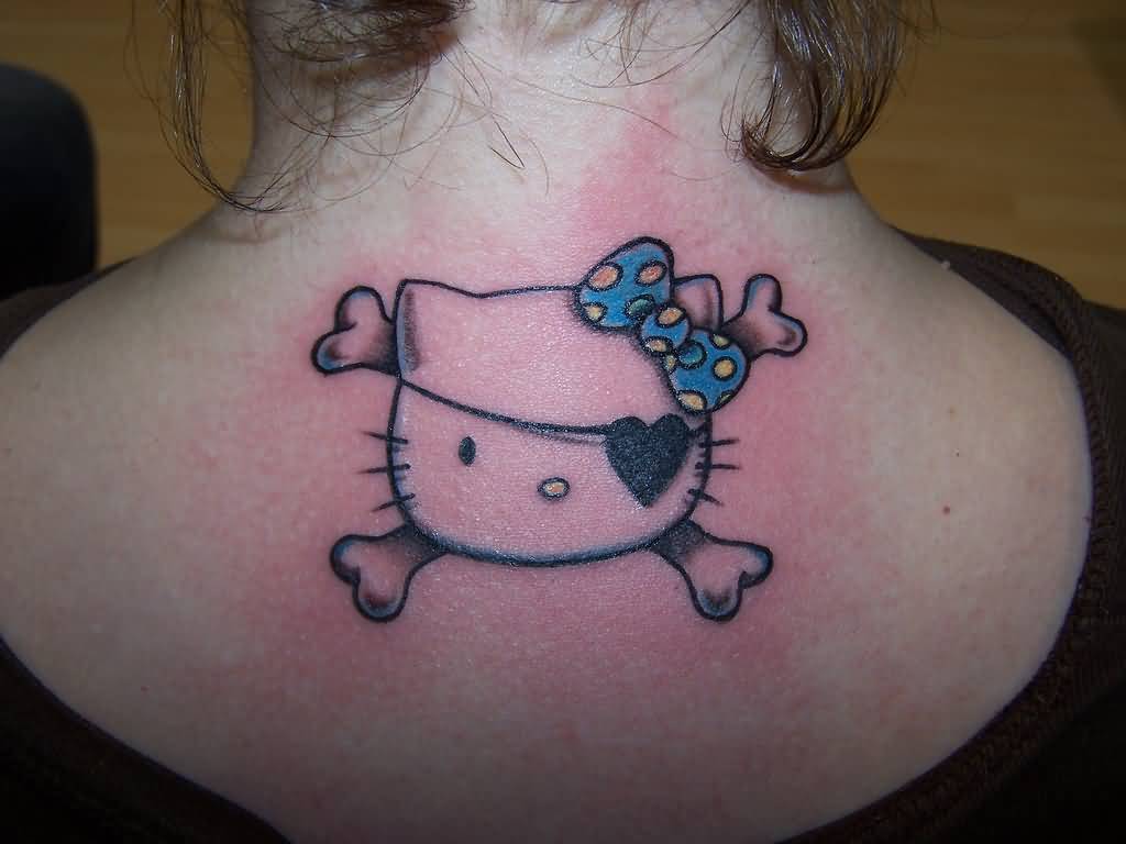 Pirate Hello Kitty Head Tattoo On Upper Back