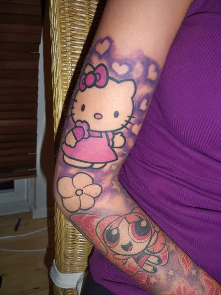 Power Puff And Hello Kitty Tattoo On Girl Right Sleeve