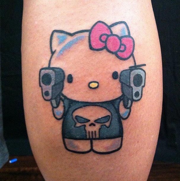 Punisher Hello Kitty With Guns Tattoo On Leg