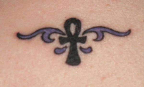 Purple Tribal And Black Ankh Tattoo