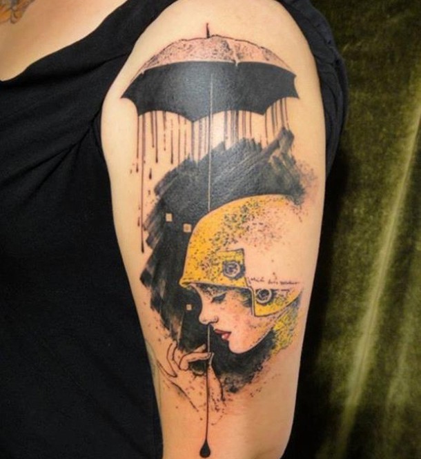Rain And Umbrella Girl Tattoo On Left Half Sleeve