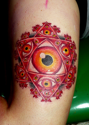 Red Ink Eyeball Alex Grey Tattoo On Bicep