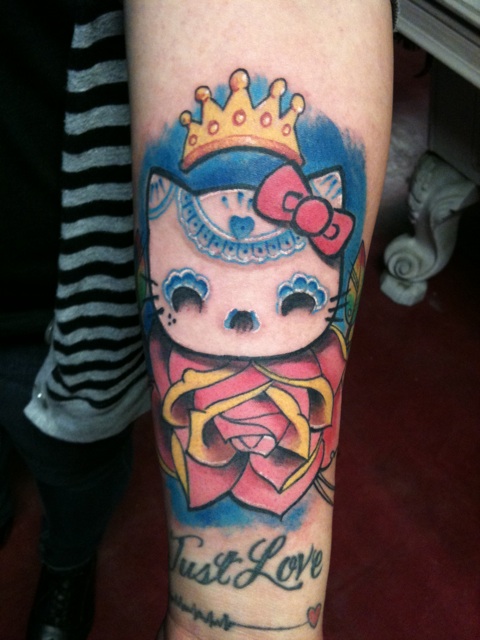 Red Rose Hello Kitty Tattoo On Forearm