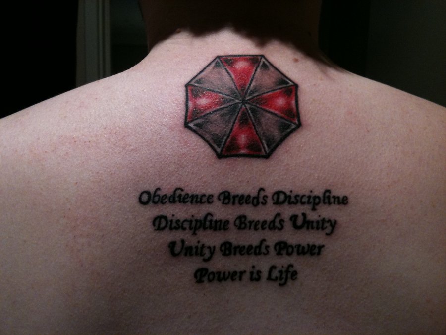 Resident Evil Umbrella Tattoo On Upper Back by Cerealkiller88