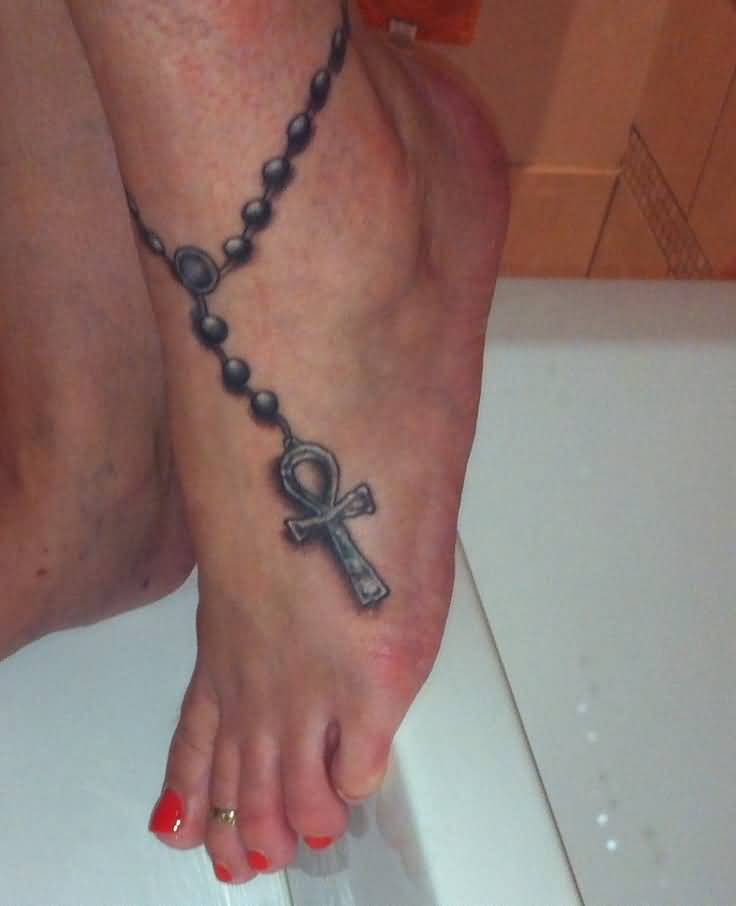Rosary Ankh Tattoo On Girl Ankle
