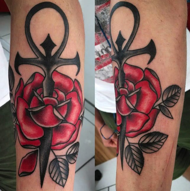 Rose Flower And Ankh Tattoo On Left Sleeve