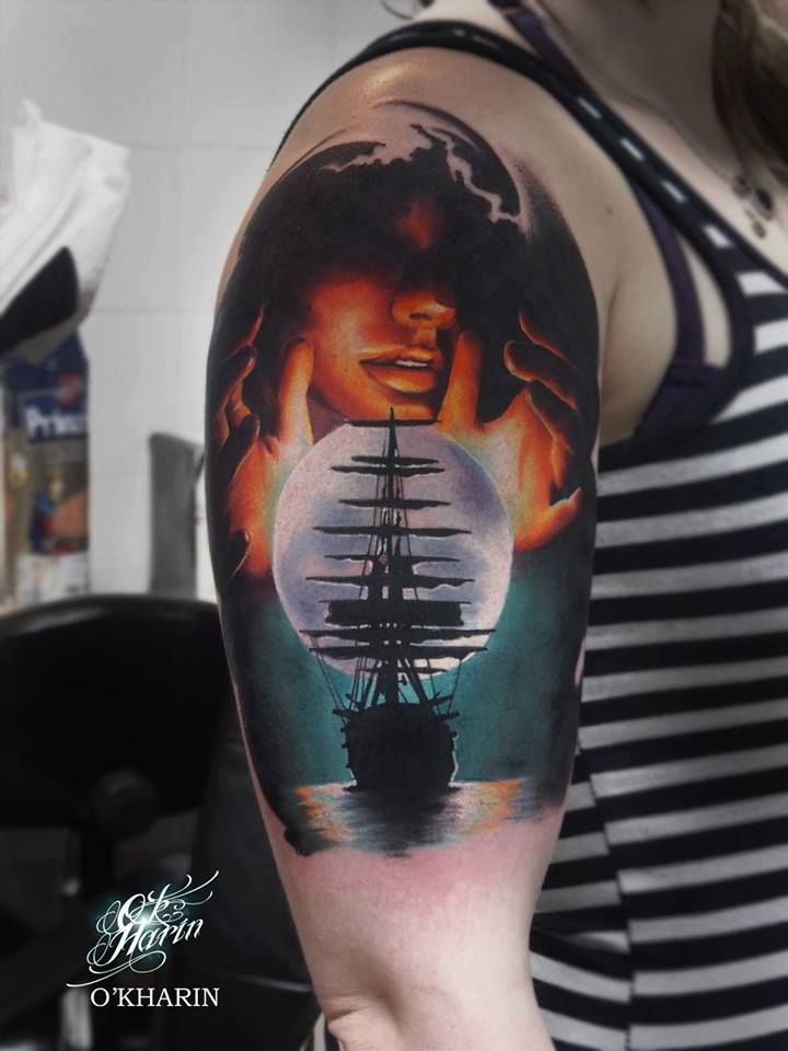 Ship Tattoo On Right Half Sleeve by Sasha O’Kharin