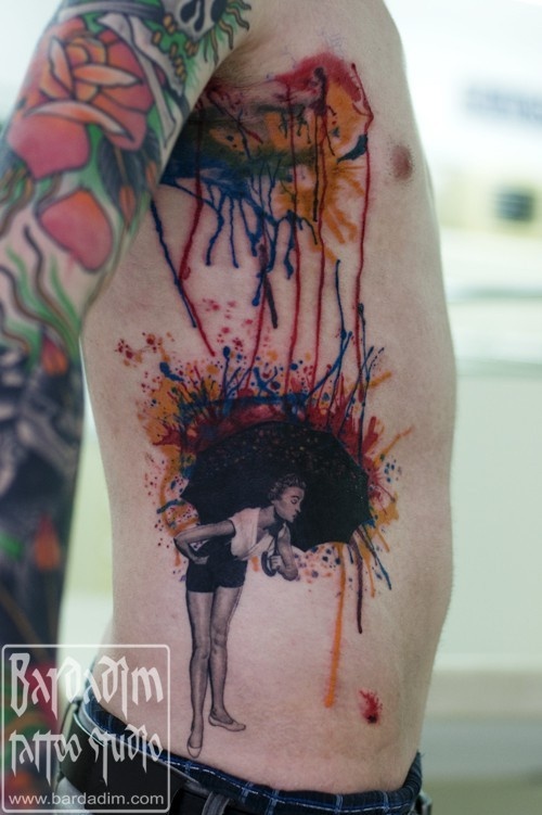 Side Rib Watercolor Umbrella Girl Tattoo For Men
