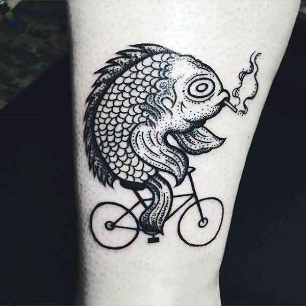 Smoking Fish Riding Bicycle Tattoo