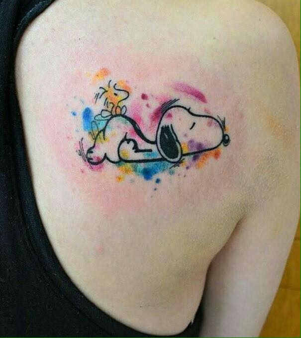 Snoopy Watercolor Tattoo On Right Back Shoulder