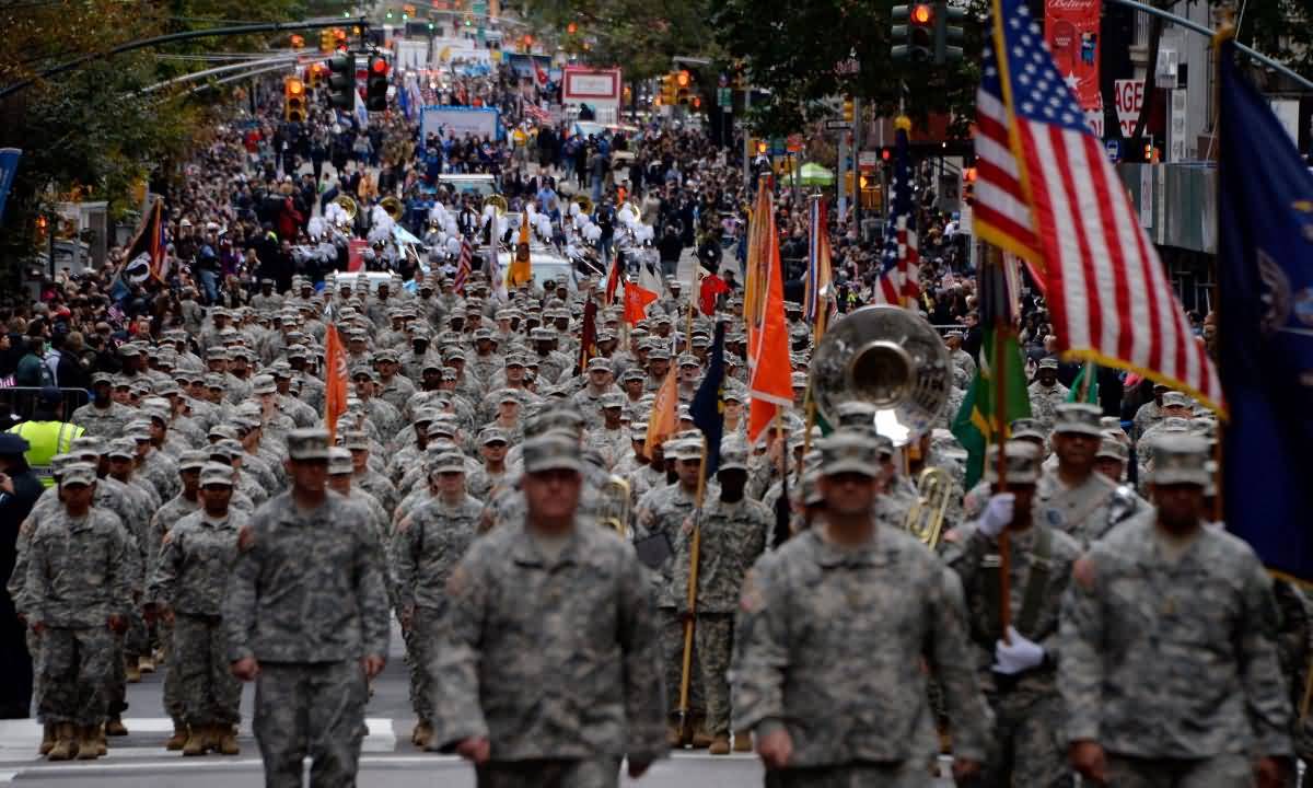 Soldiers Walking On During Veterans Day Parade