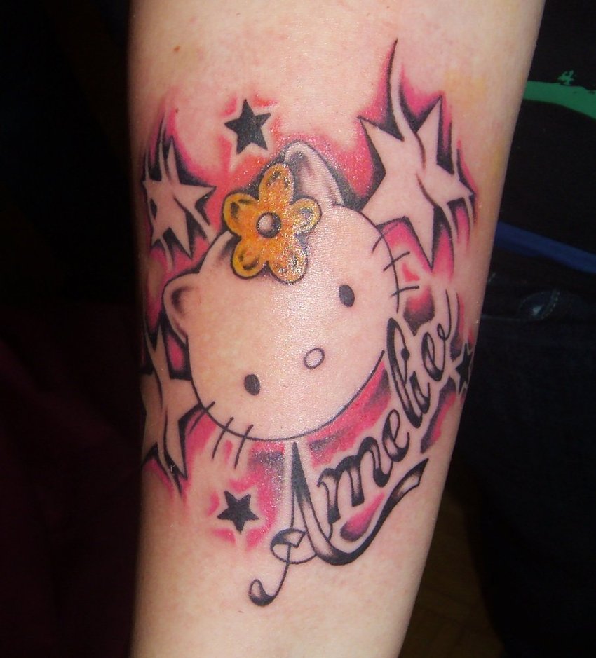Stars And Hello Kitty Head Tattoo On Arm by D3adfrog