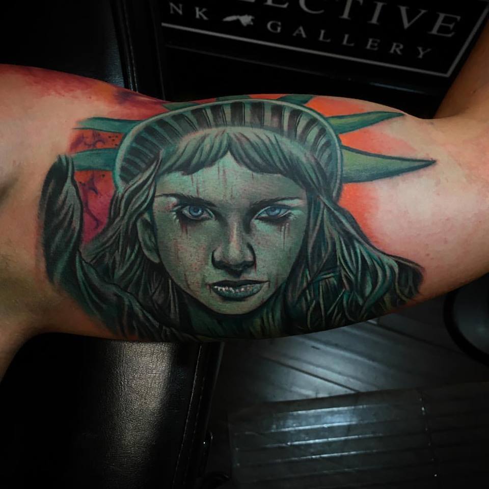 Statue Of Liberty Tattoo On Inner Bicep by Big Gus Ink Tattoo