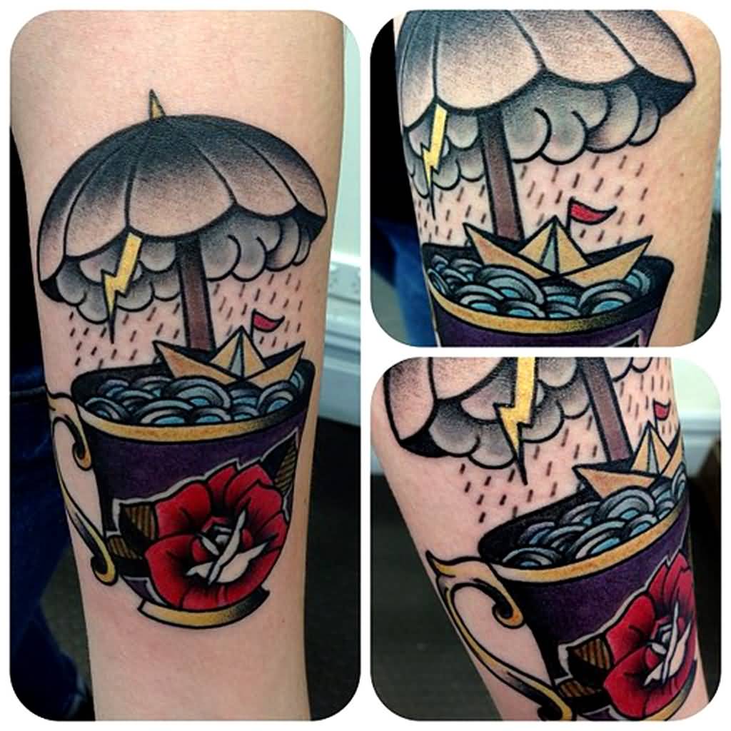 Storm In Teacup With Umbrella Tattoo