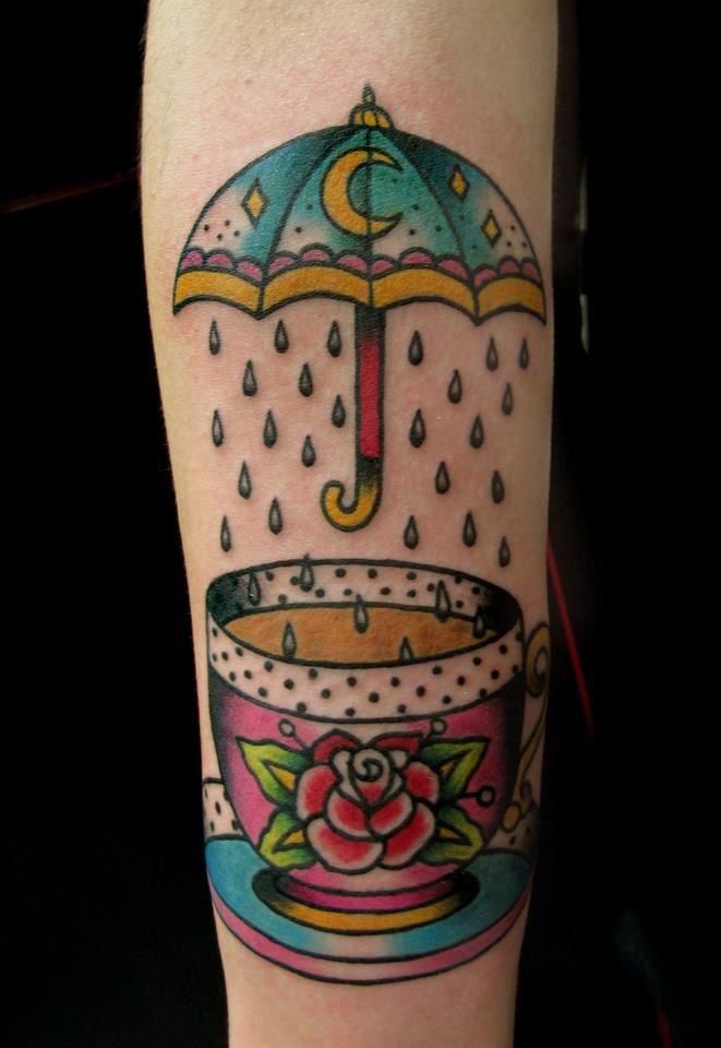 Tea Cup With Umbrella Tattoo On Arm Sleeve