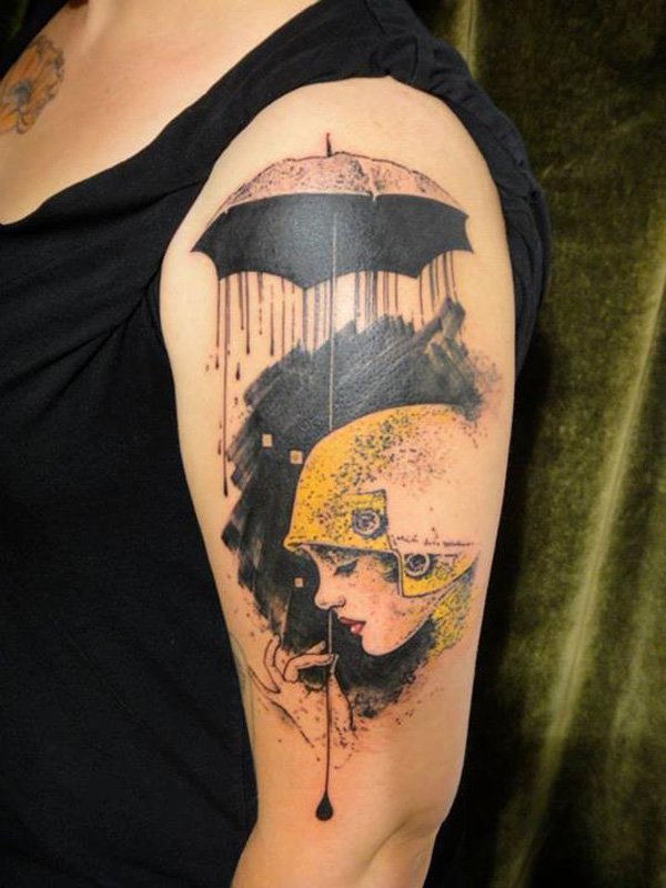 Temporary Umbrella Girl Tattoo On Left Half Sleeve