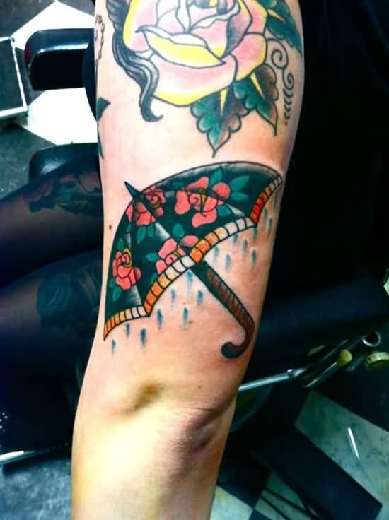 Traditional Umbrella Tattoo On Left Bicep