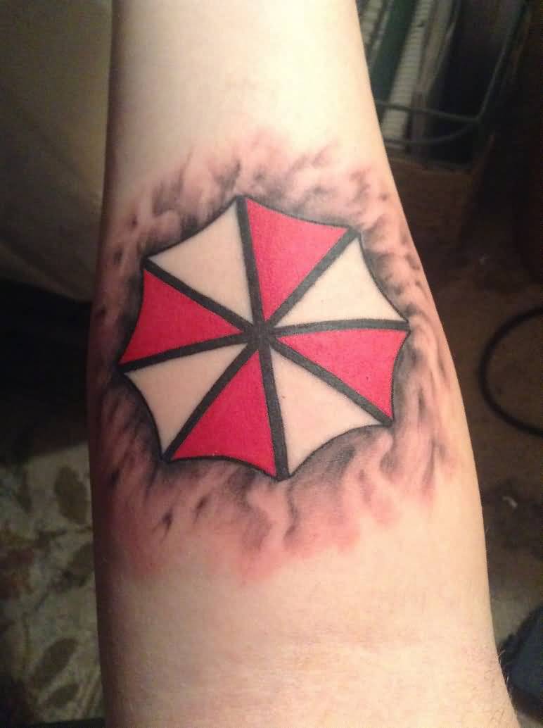 Umbrella Corp Tattoo On Forearm by Echolorin