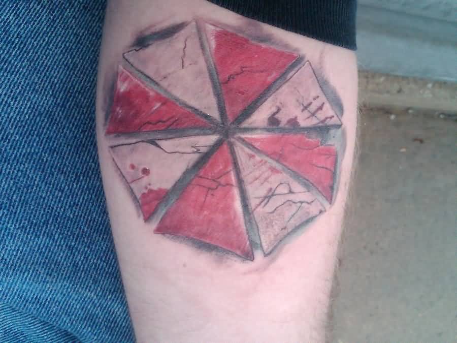 Umbrella Corp Tattoo On Leg Calf by Devilmaycryshawty
