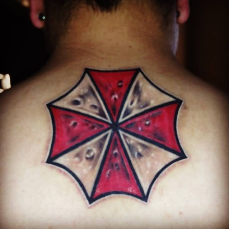 Umbrella Corp Tattoo On Man Upper Back