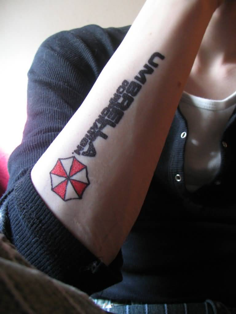 Umbrella Corp Tattoo On Right Arm For Girls